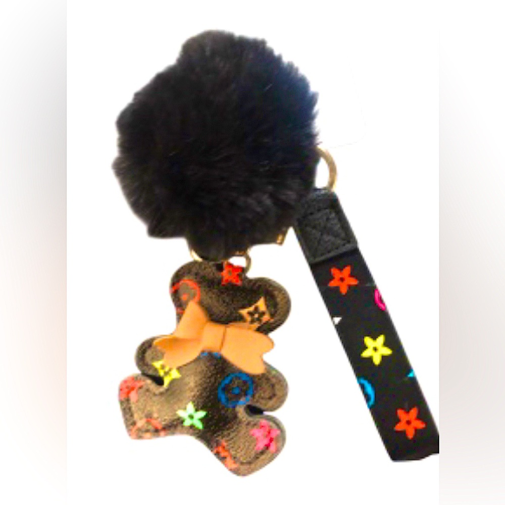 Stylish brown & black Bear Keychain/bag charm with Black Pom Pom
